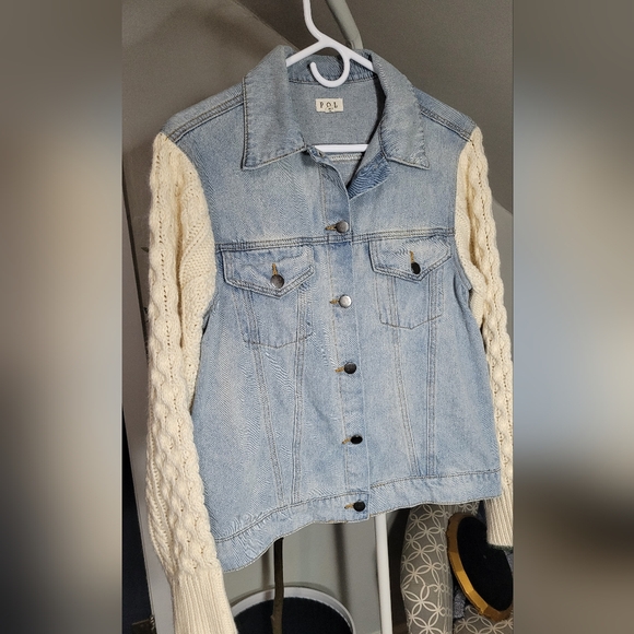 POL Denim Jacket with Cable-Knit Sweater Sleeves Women’s Jean Jacket Small - Picture 2 of 5